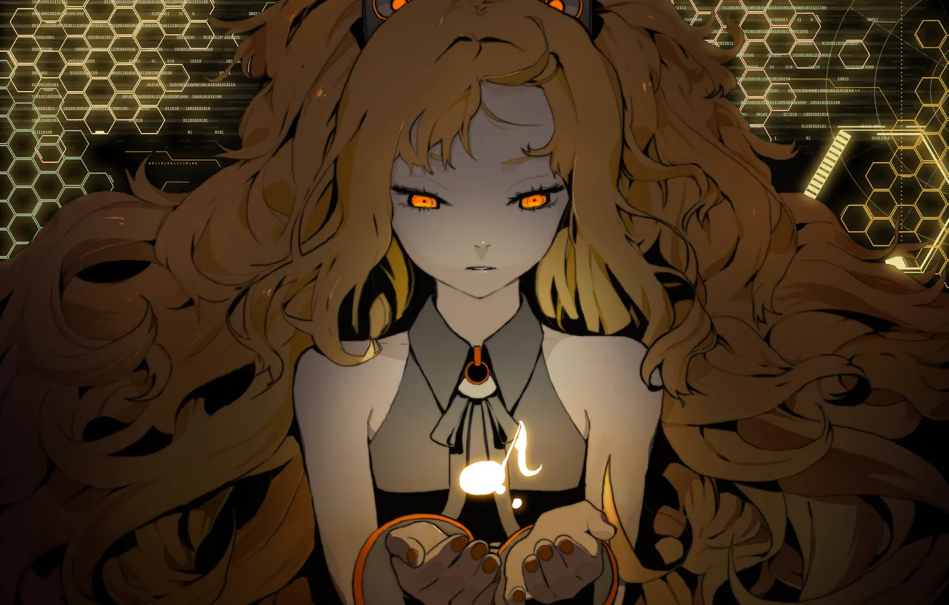 Photo wallpaper eyes, notes, hair, blonde, costume, girl, hologram, Vocaloid 3