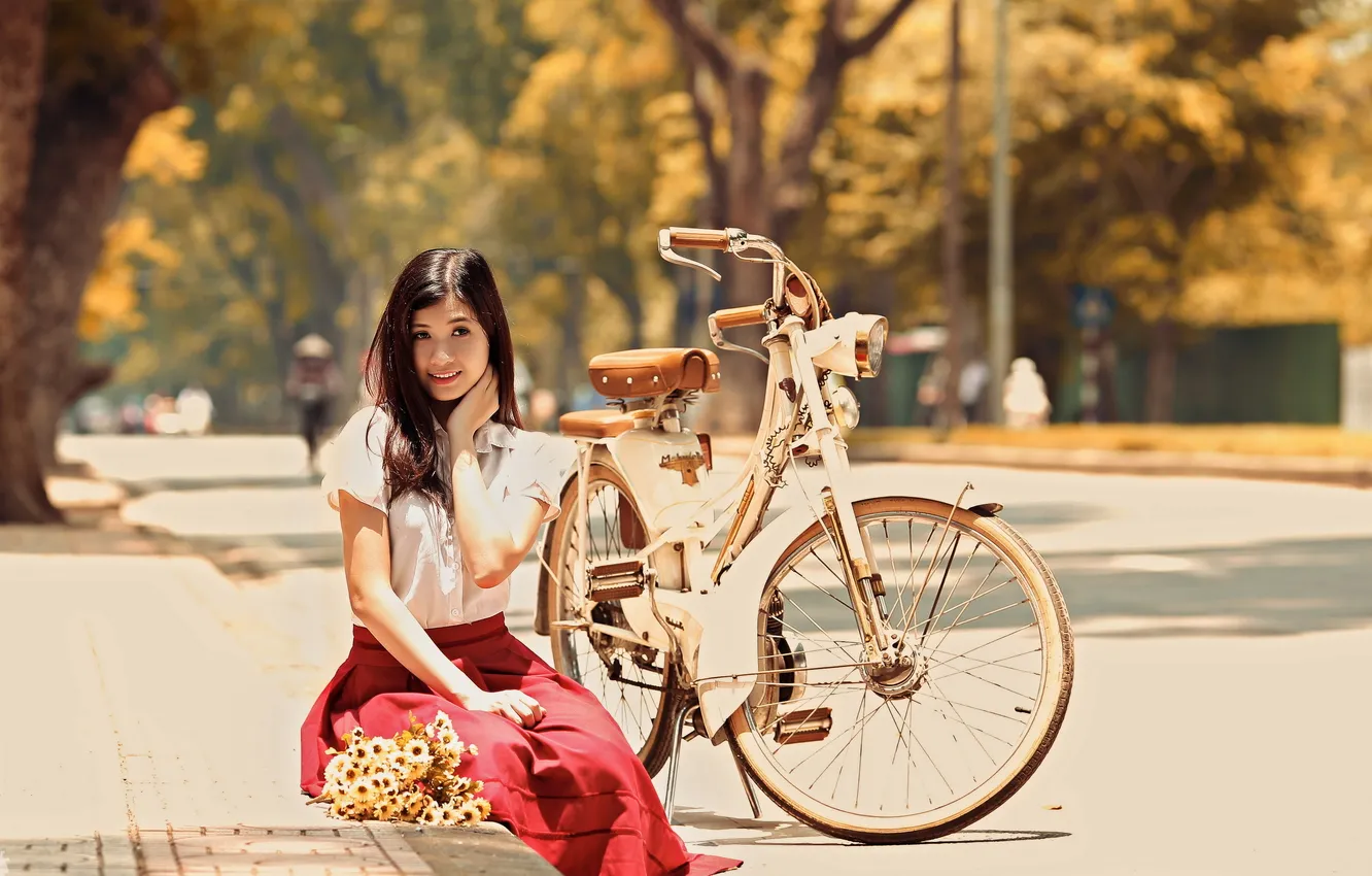 Photo wallpaper girl, bike, smile