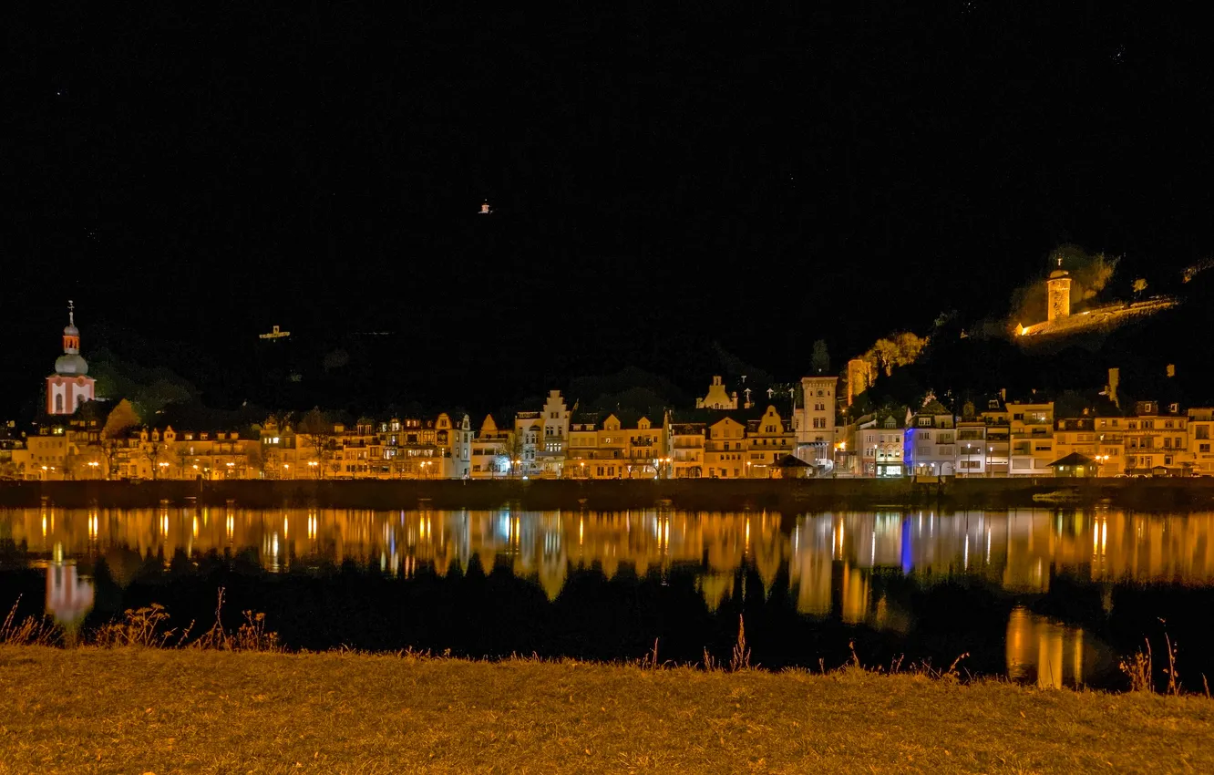 Photo wallpaper water, night, lights, reflection, river, home, Germany, promenade