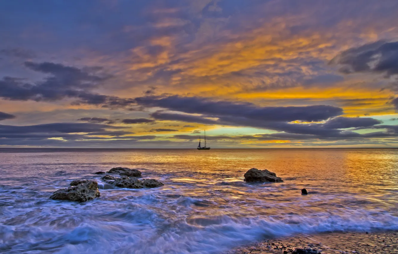 Photo wallpaper sea, landscape, sunset, ship