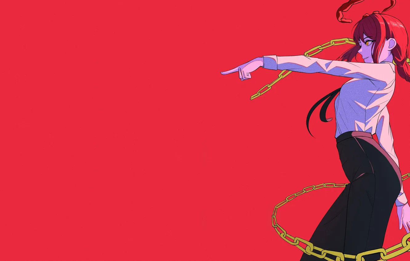 Photo wallpaper redhead, yellow eyes, chains, simple background, red background, necktie, finger pointing, Chainsaw Man