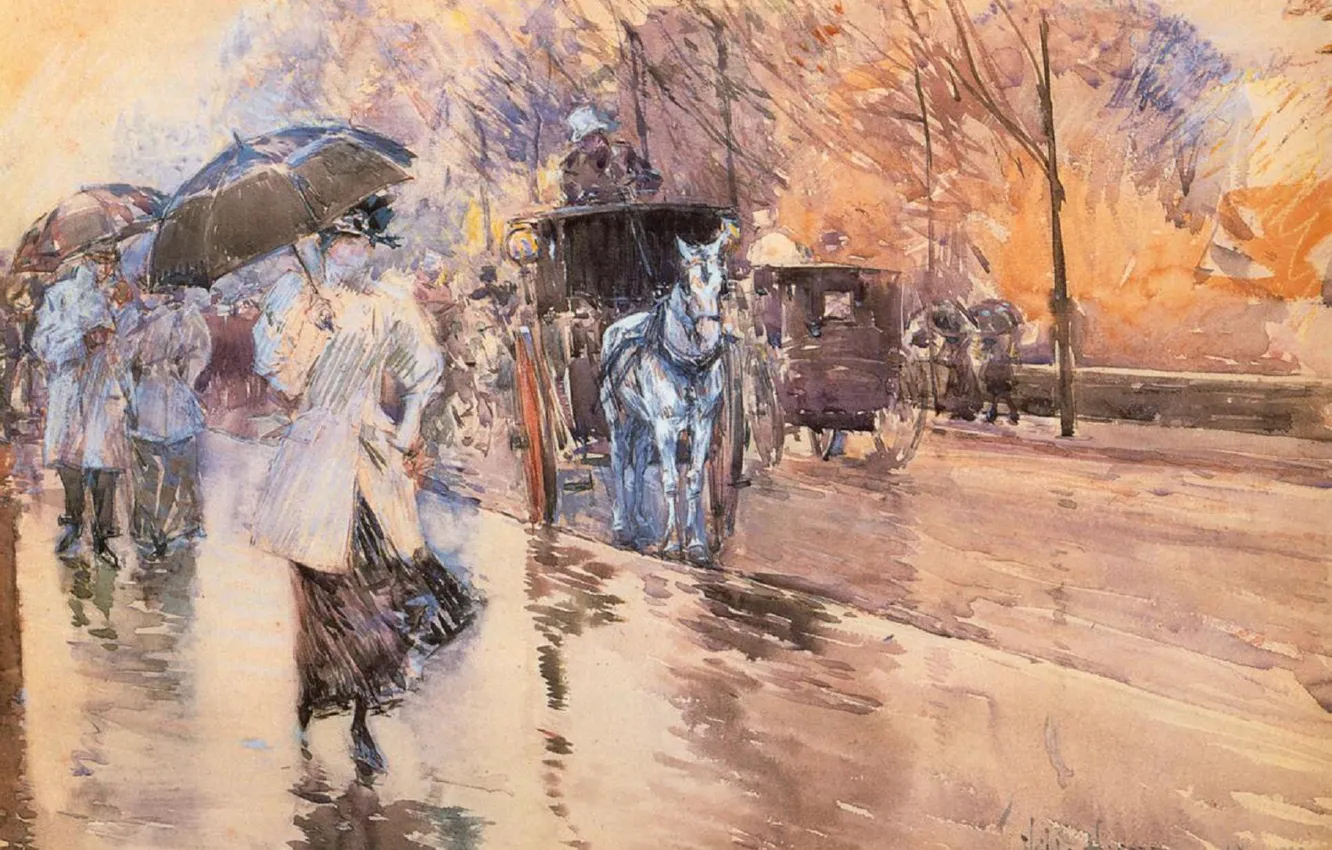 Photo wallpaper people, rain, picture, Frederick Childe Hassam, impressionism