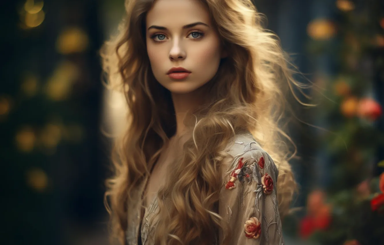 Photo wallpaper look, girl, nature, face, portrait, dress, blonde, blur