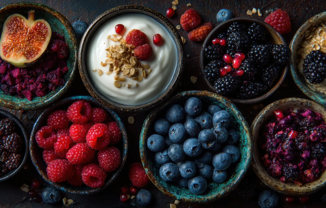 Photo wallpaper berries, raspberry, the dark background, table, food, blueberries, strawberry, bowl