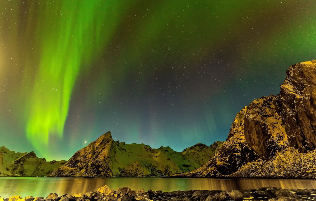 Photo wallpaper sea, stars, landscape, mountains, night, stones, Northern lights, Iceland