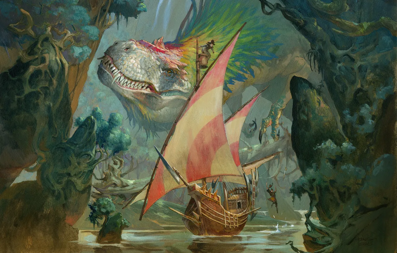 Photo wallpaper Monster, Ship, Lizard, Dinosaur, Art, Fiction, Magic the Gathering, Jesper Ejsing