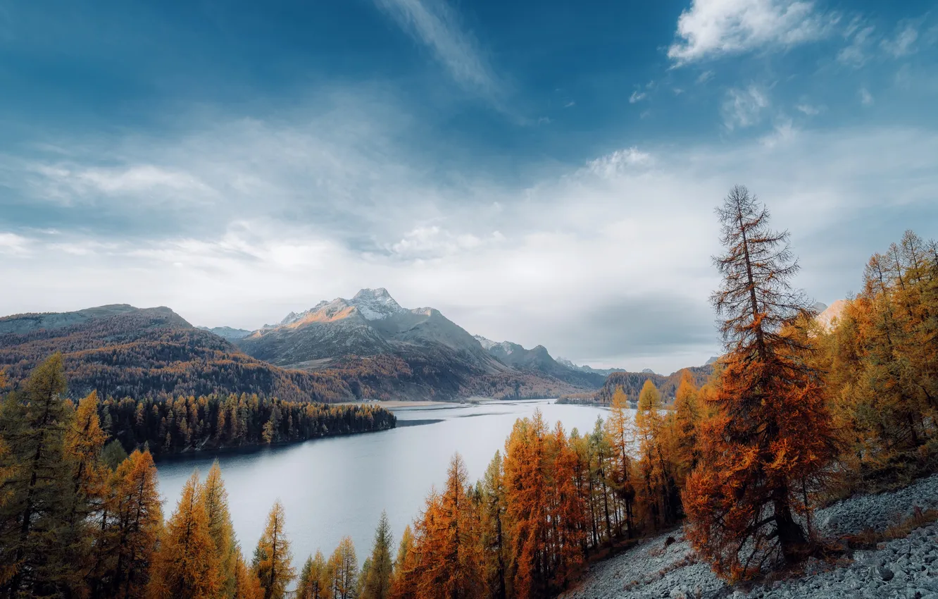 Photo wallpaper sky, trees, landscape, nature, mountains, clouds, lake, fall
