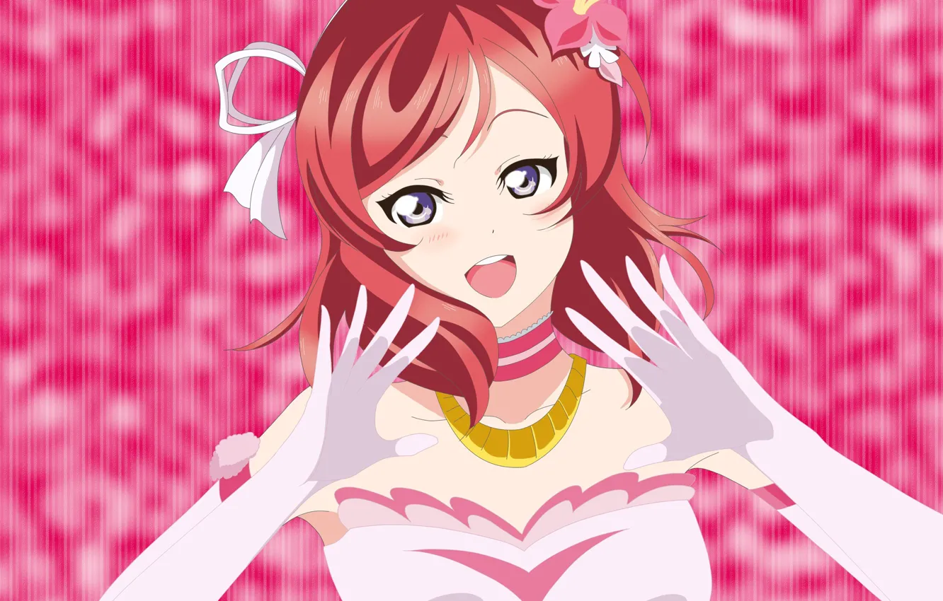 Photo wallpaper line, smile, girl, pink background, Love Live School Idol Project, Living love
