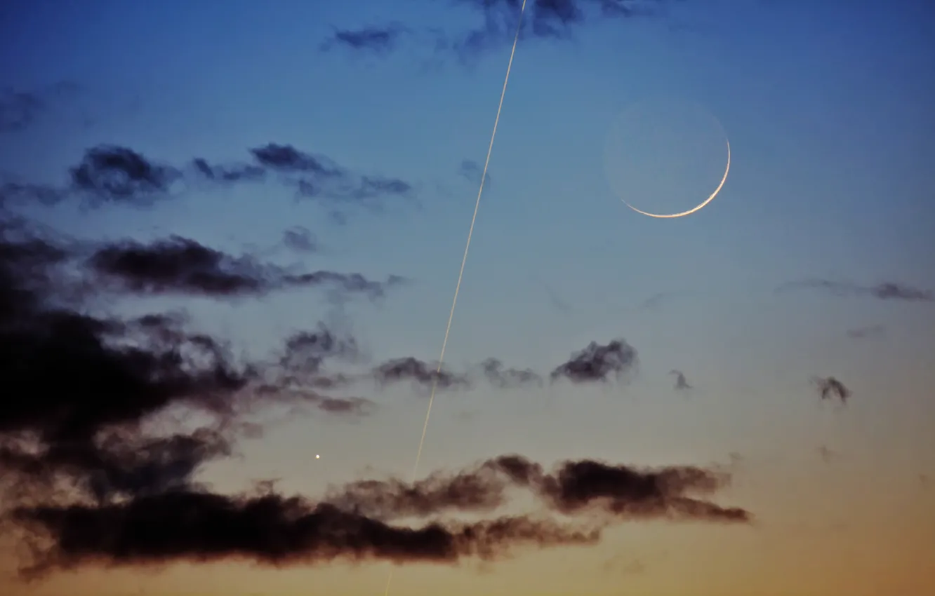Photo wallpaper clouds, trail, The moon, Jupiter, ISS