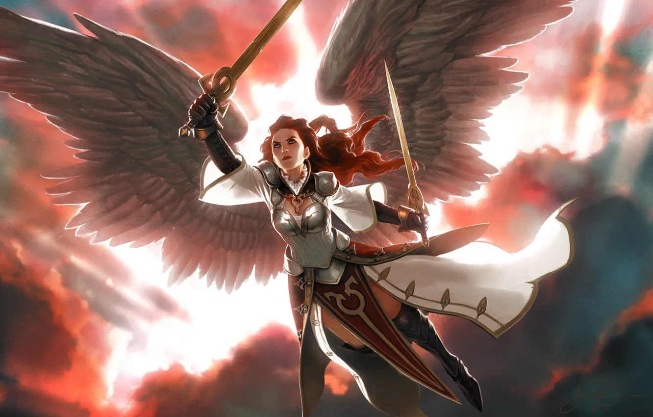 Photo wallpaper girl, clouds, light, wings, armor, swords, Magic: The Gathering