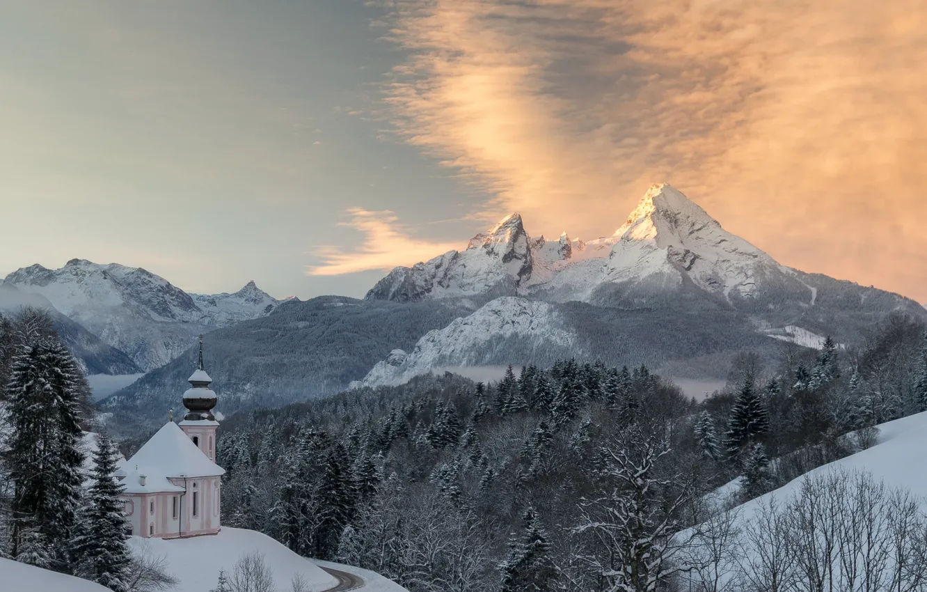 Photo wallpaper winter, forest, mountains, Germany, Bayern, Church, panorama, Germany