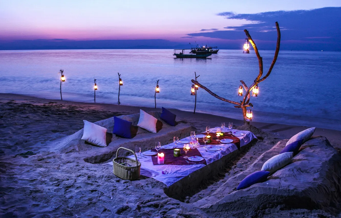 Photo wallpaper sand, sea, beach, sunset, mood, wine, romance, boat