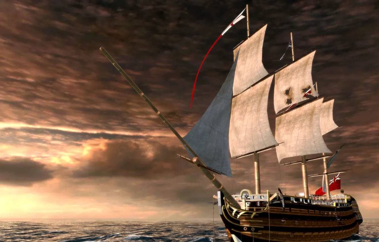 Photo wallpaper sea, wave, graphics, ship, sailboat, sails, mast