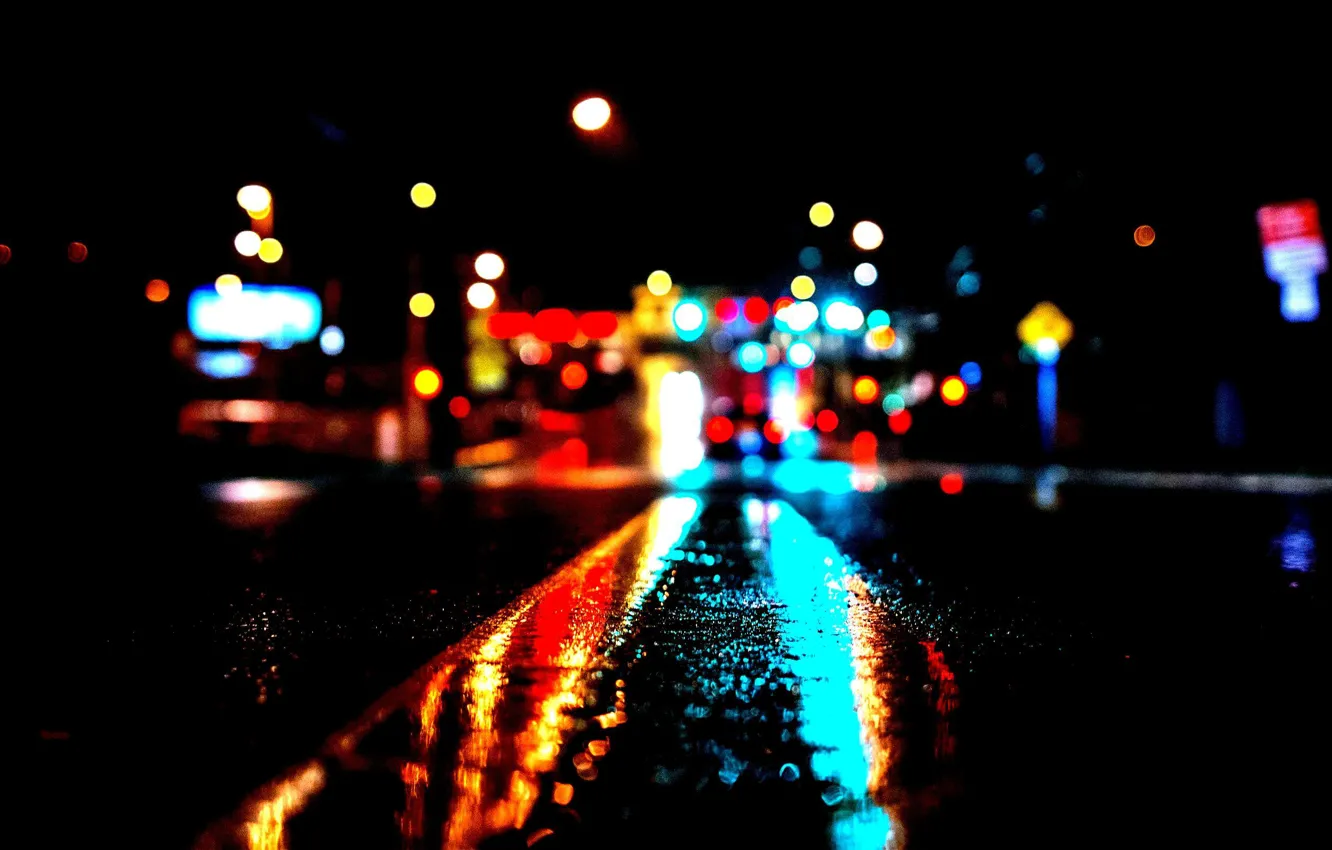 Photo wallpaper city, lights, night, bokeh, high, contrast, rainy