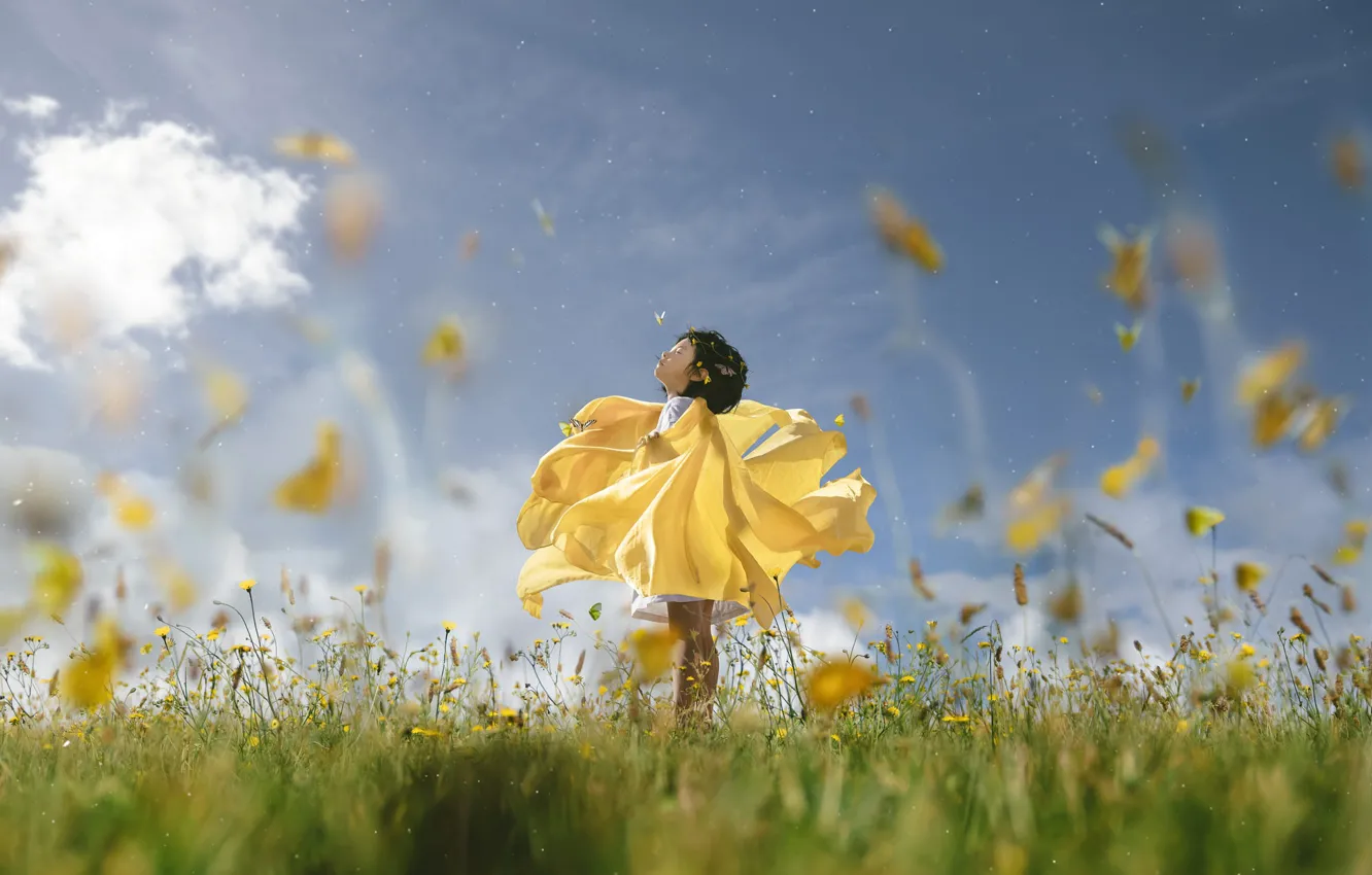 Photo wallpaper summer, grass, dream, clouds, light, flowers, yellow, children
