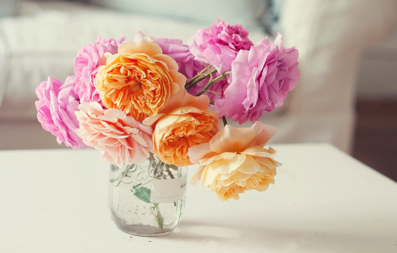 Photo wallpaper flowers, roses, bouquet, petals, Bank, pink, orange