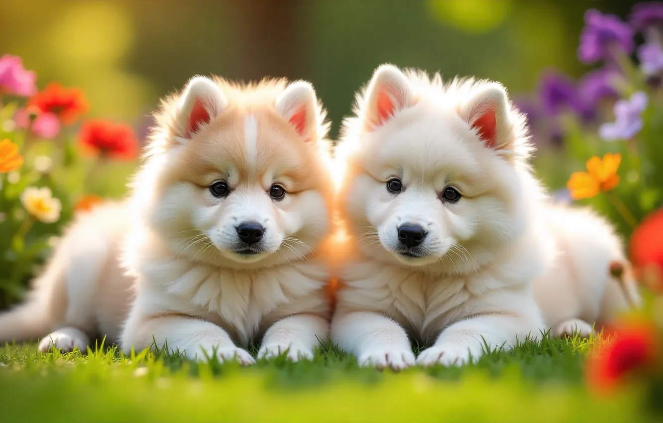 Photo wallpaper summer, grass, look, flowers, garden, white, a couple, Samoyed