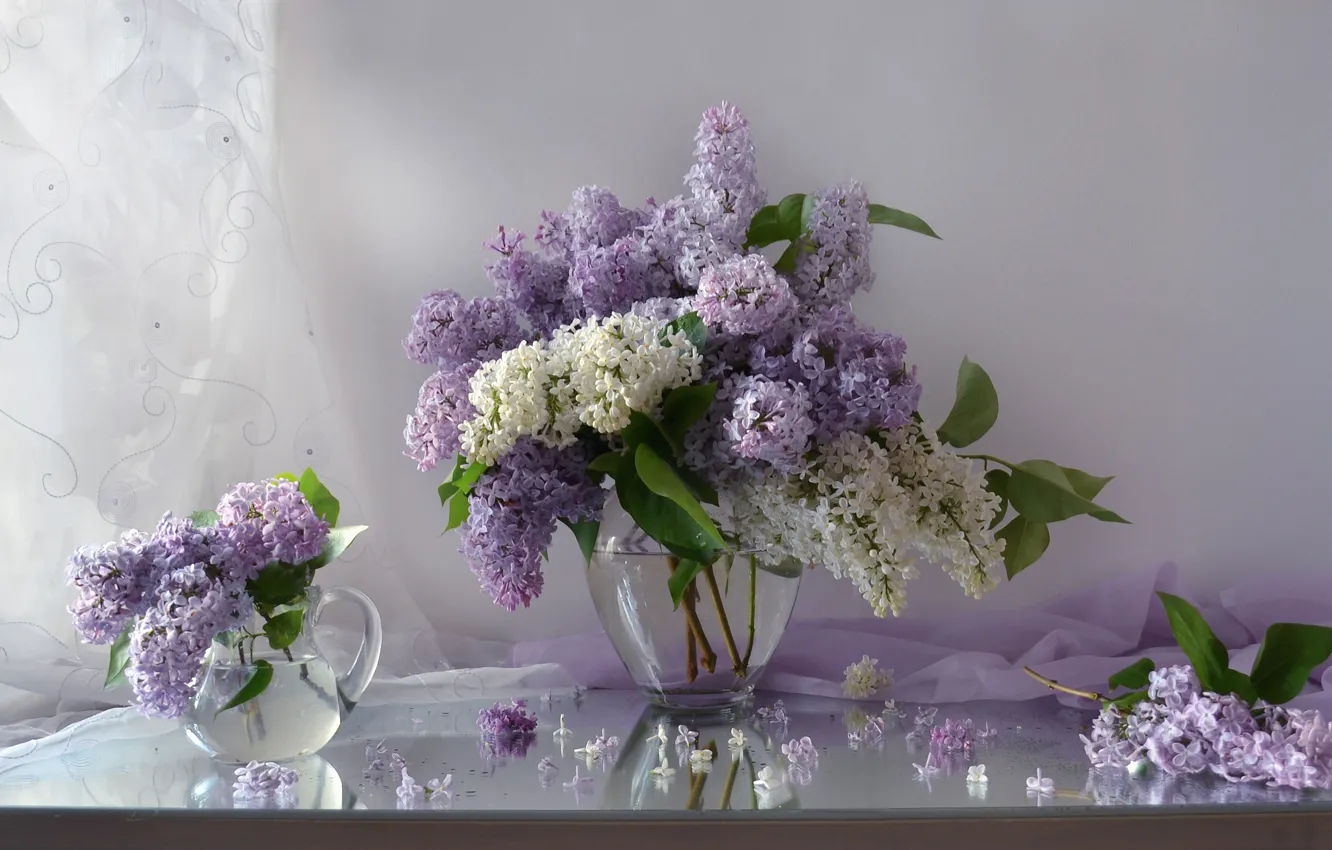 Photo wallpaper branches, vase, pitcher, lilac, fabric, Valentina Fencing