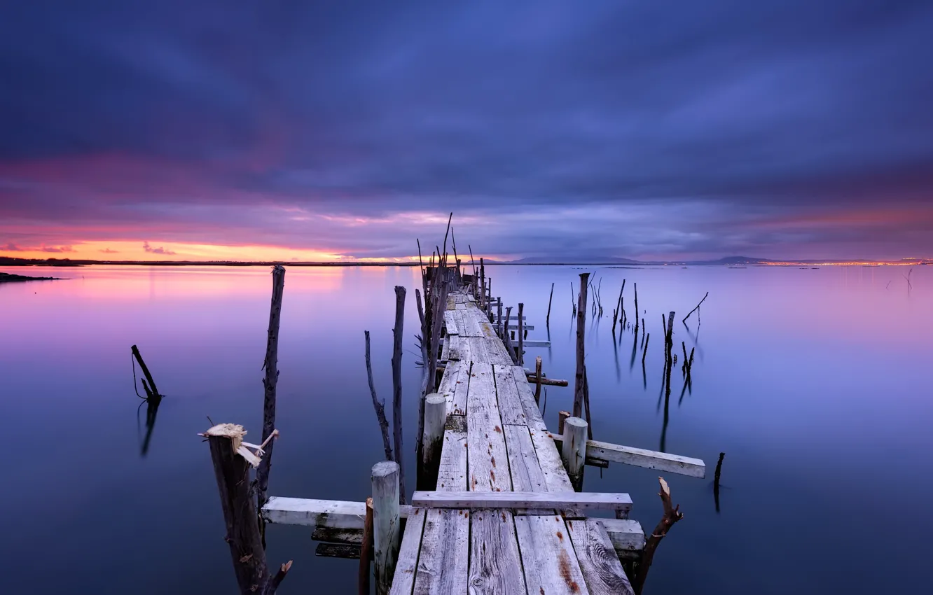 Photo wallpaper sunset, bridge, lake