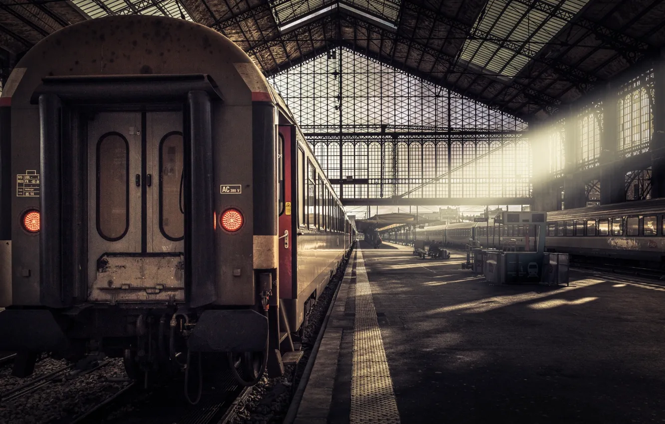 Photo wallpaper the sun, station, train, the car, the platform, W/d, Austerlitz