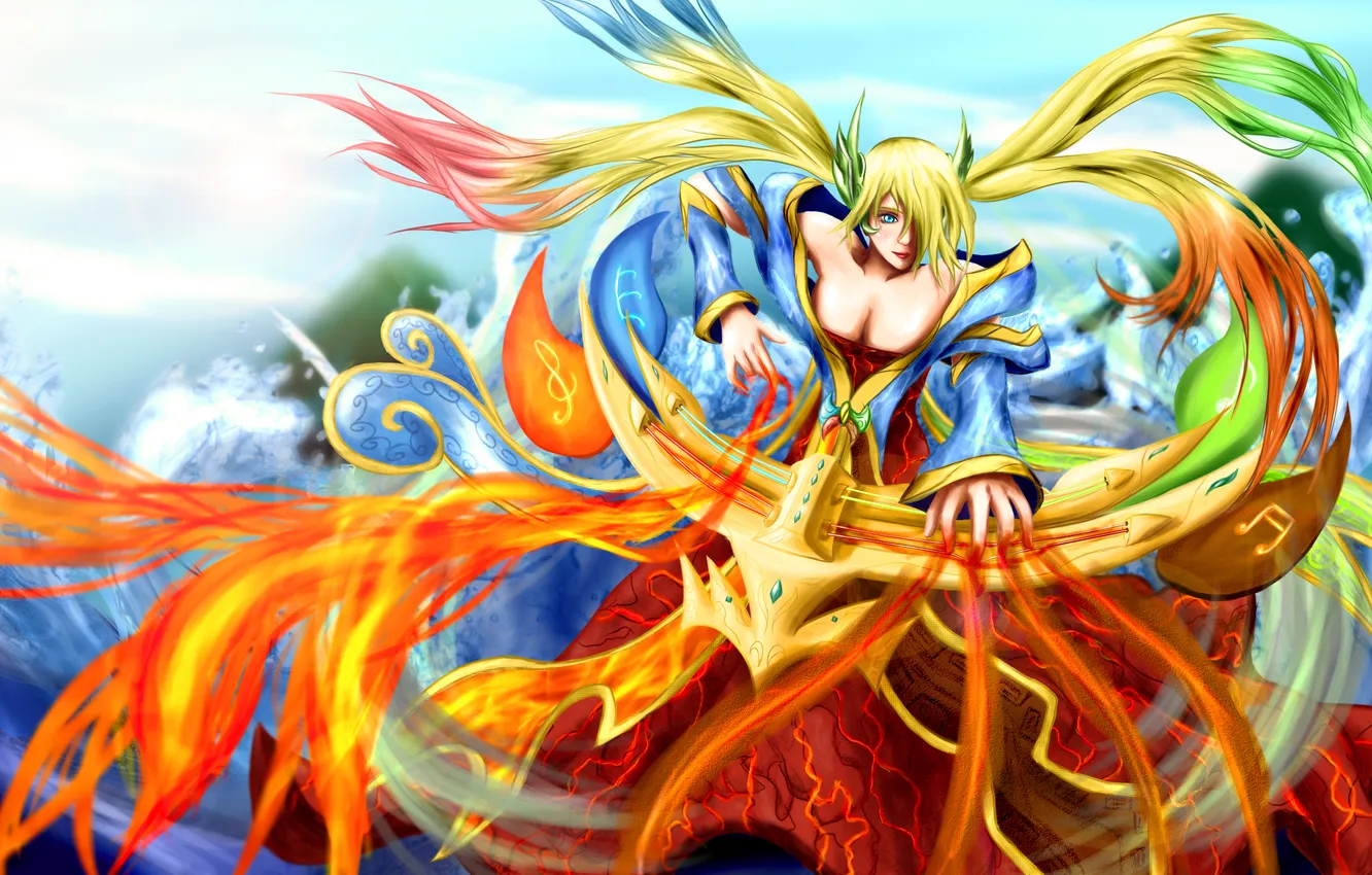 Photo wallpaper chest, look, girl, smile, magic, harp, art, League of Legends