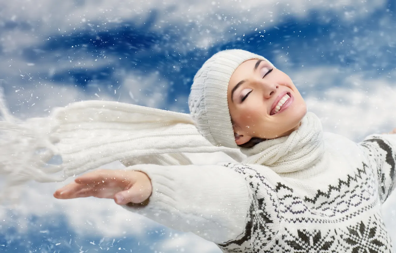 Photo wallpaper winter, girl, snow, joy, the wind, scarf, cap, sweater