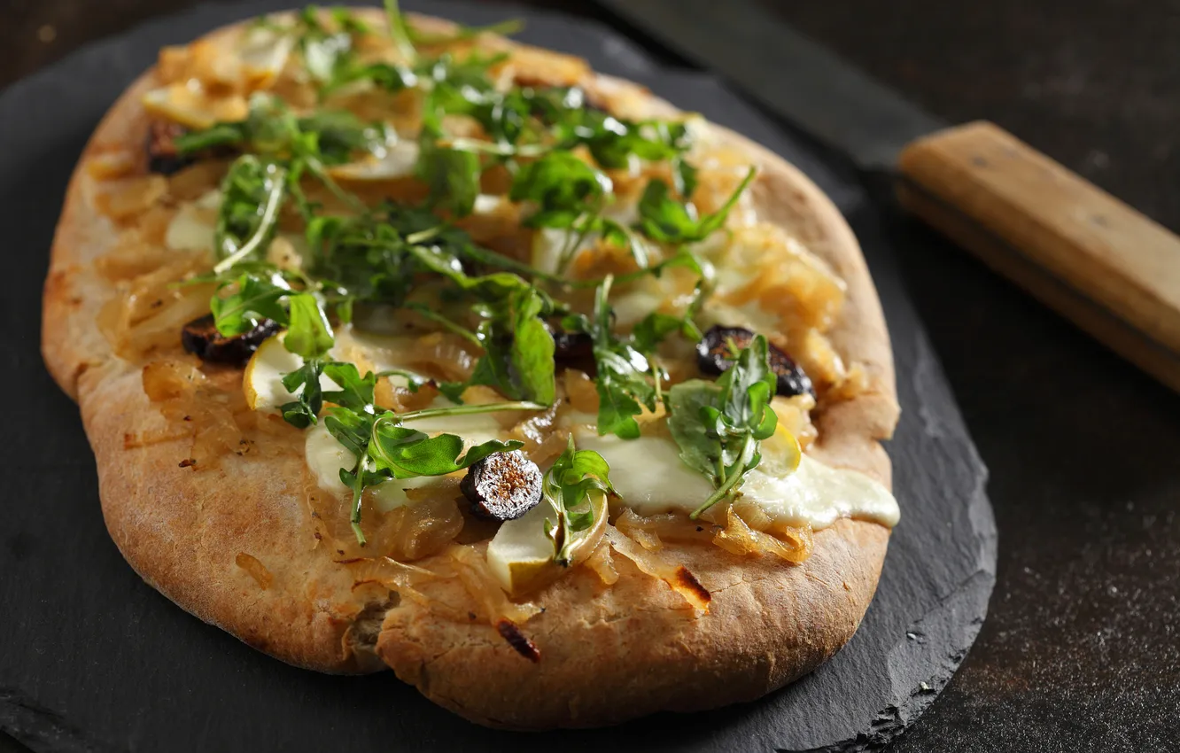 Photo wallpaper greens, background, Board, knife, pizza, filling