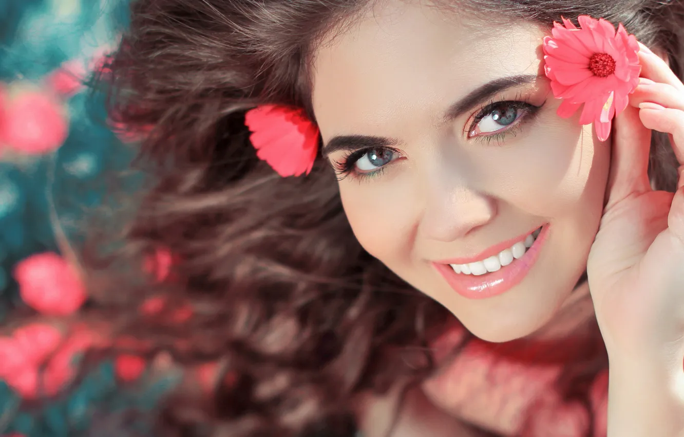 Photo wallpaper look, girl, flowers, smile, cutie