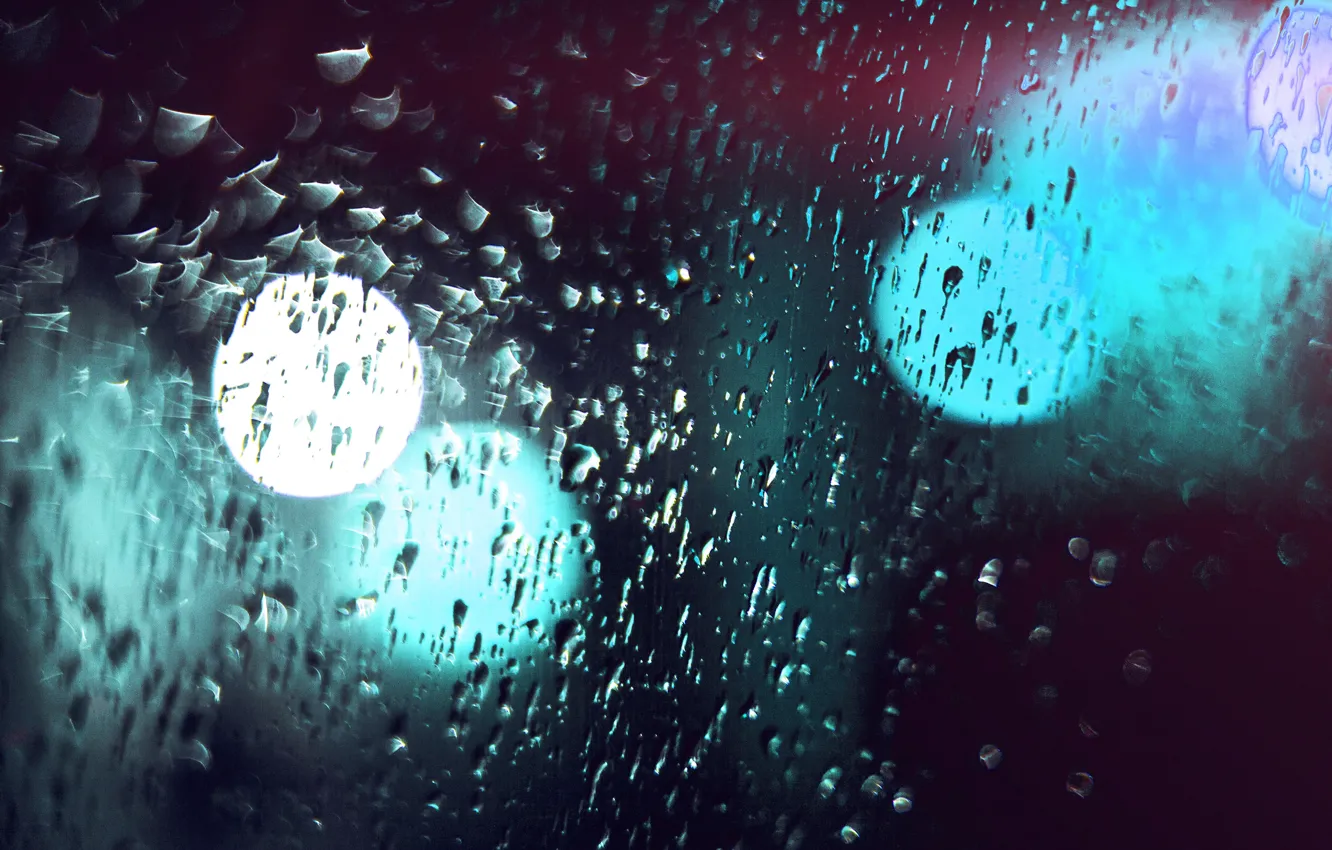 Photo wallpaper glass, drops, light, blue, the city, lights, rain, flash
