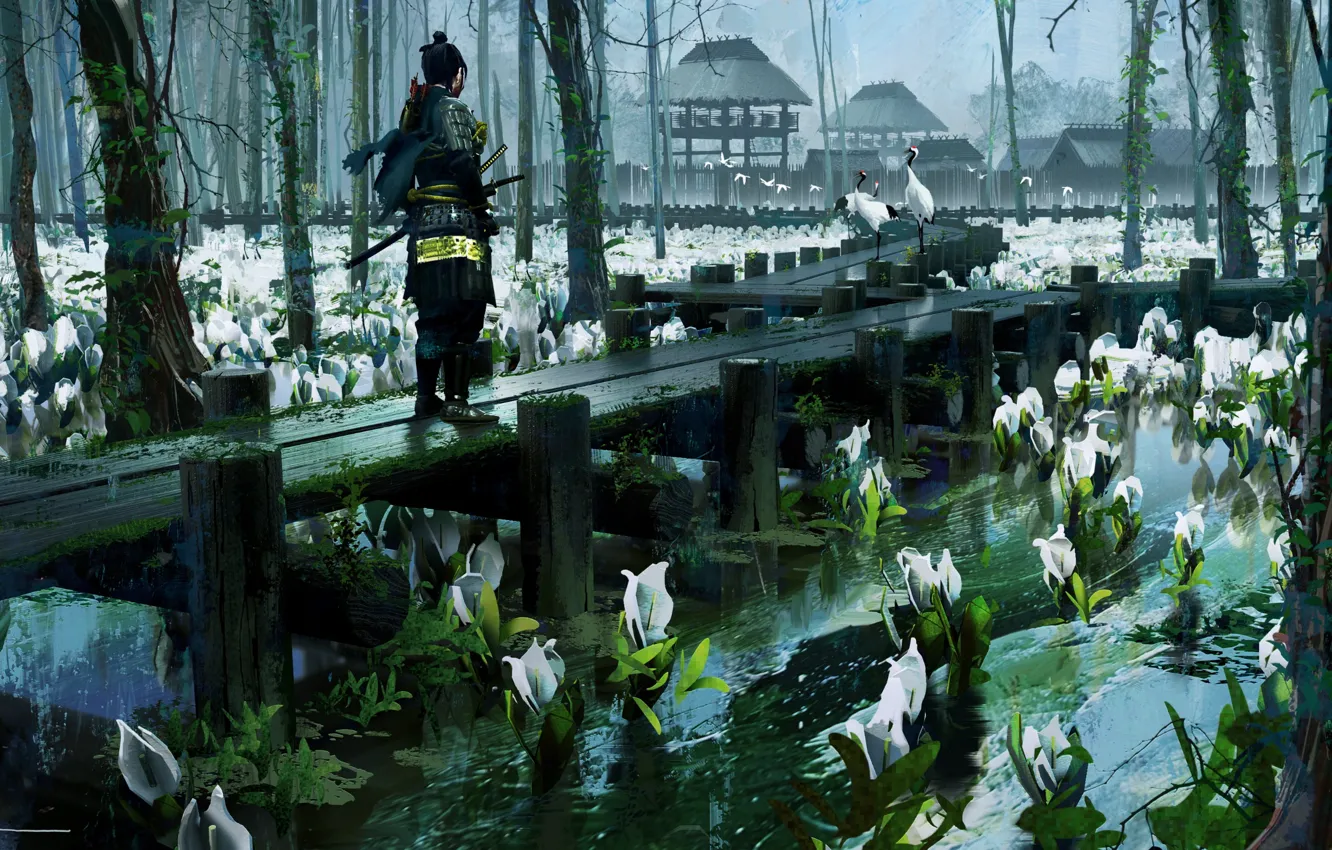 Photo wallpaper pond, armor, samurai, water lilies, bridges, cranes, cloudy day, Ghost of Tsushima