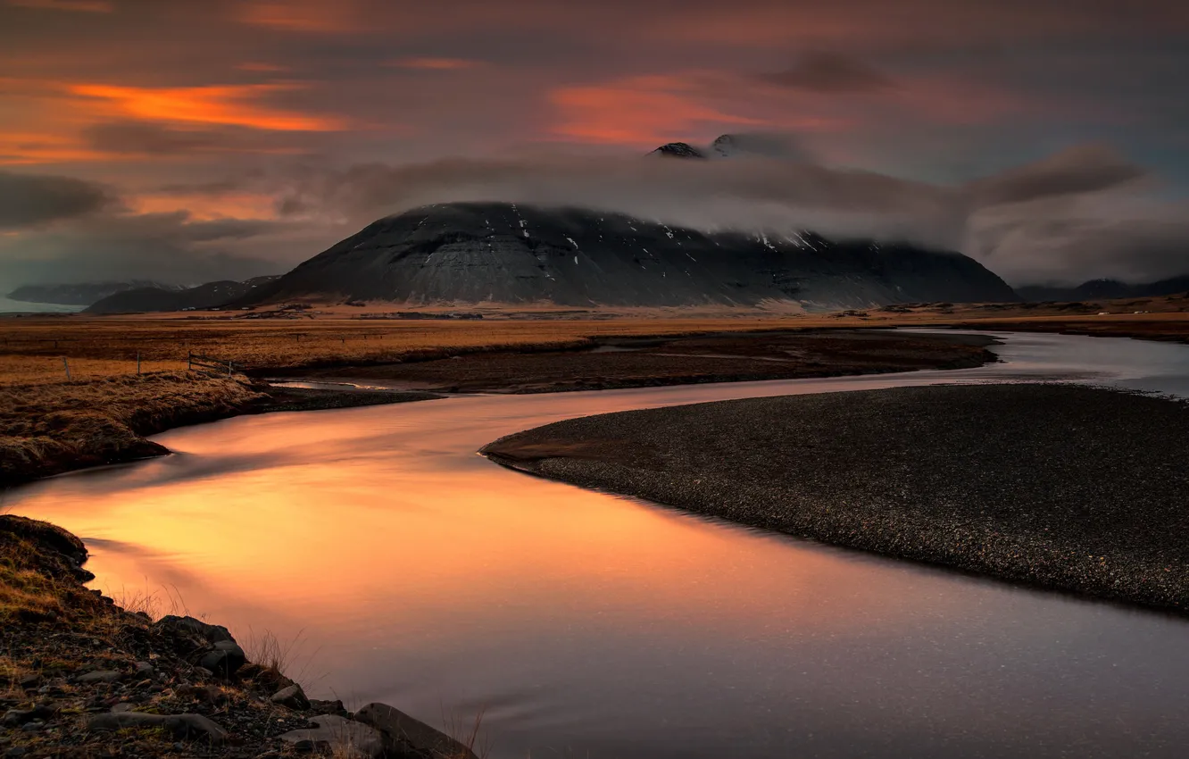 Photo wallpaper clouds, landscape, mountains, river