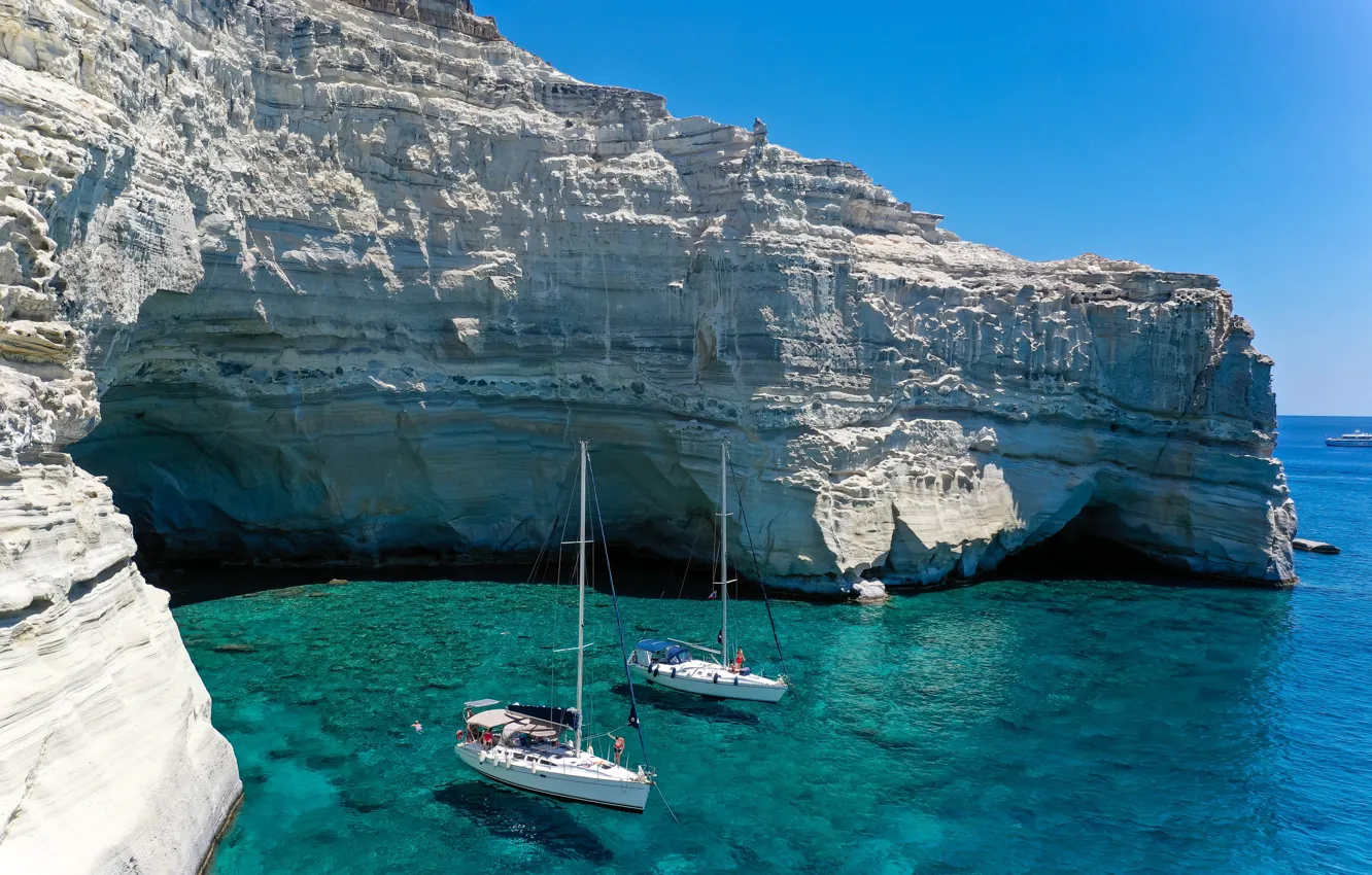 Photo wallpaper sea, rocks, yachts, Greece, Milos, Ksylokeratia