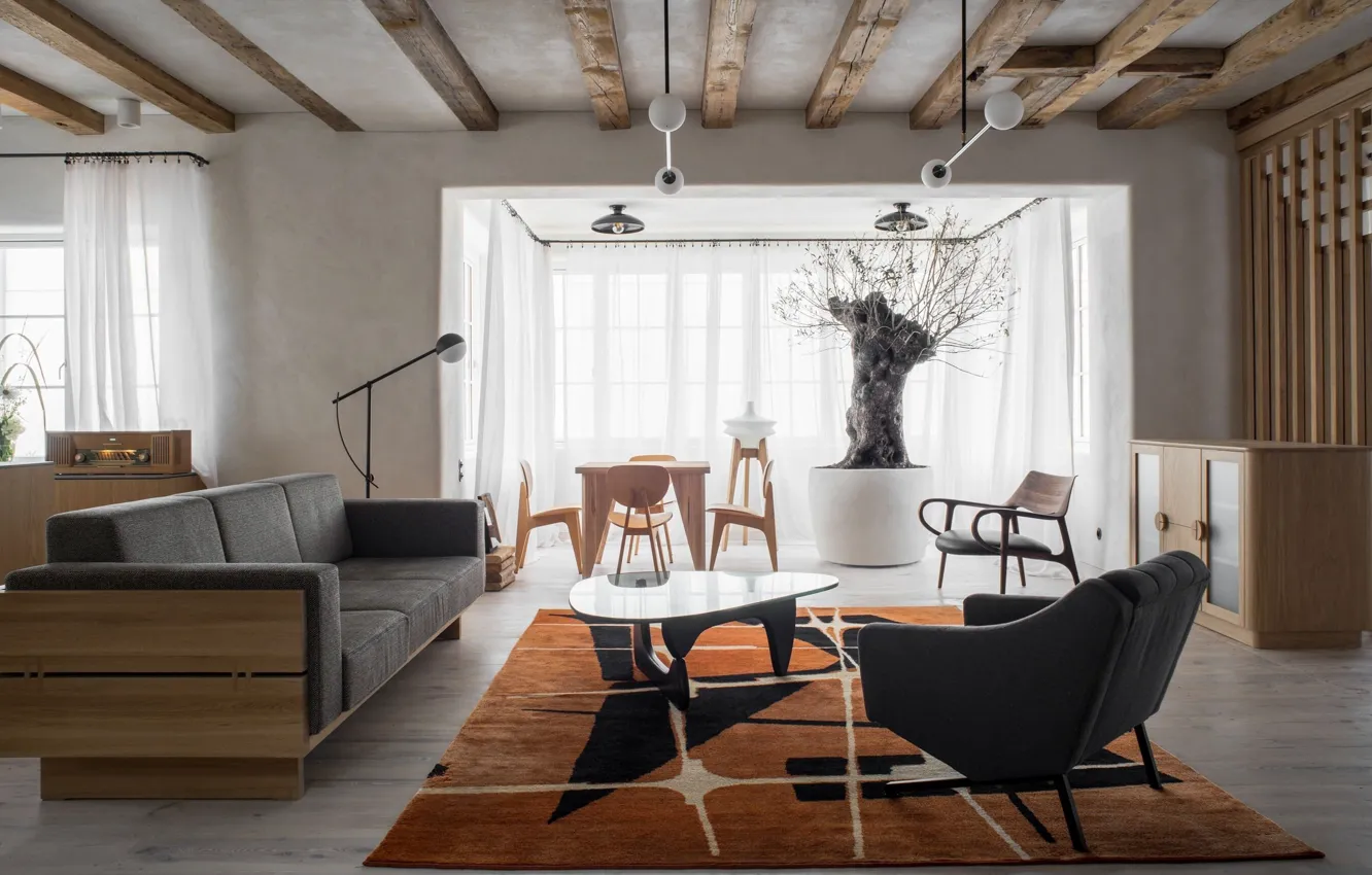 Photo wallpaper design, style, interior, living room, dining room, by Loft Kolasiński, House in Szczecin