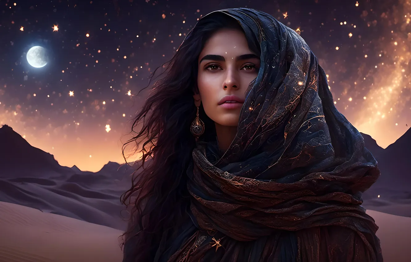 Photo wallpaper sand, the sky, look, girl, stars, night, lights, hills