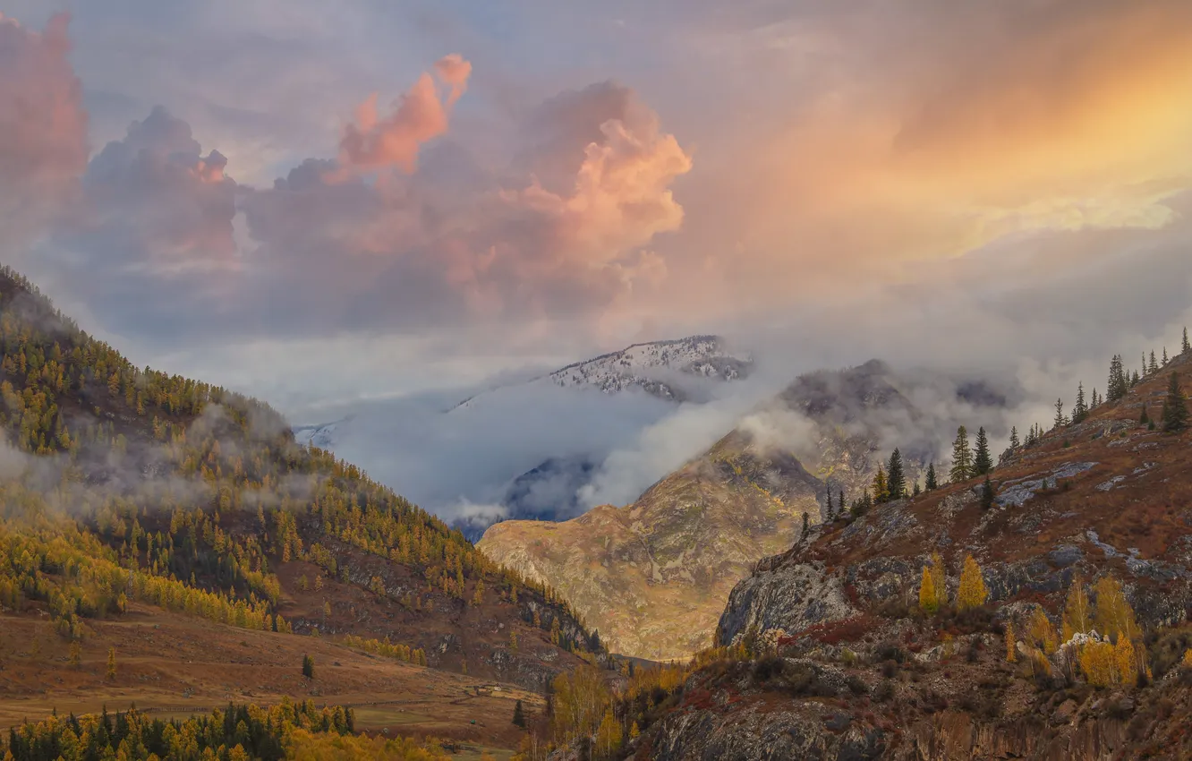 Photo wallpaper clouds, mountains, fog, haze, the beauty of nature, mountain landscape, Konstantin Burkin, Picturesque Landscape