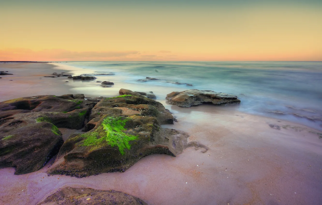 Photo wallpaper sea, stones, moss, surf