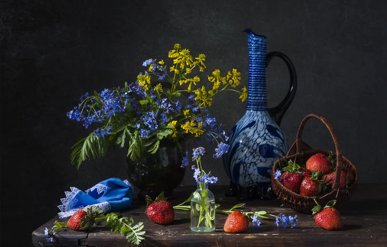 Photo wallpaper glass, flowers, yellow, berries, the dark background, table, blue, bouquet