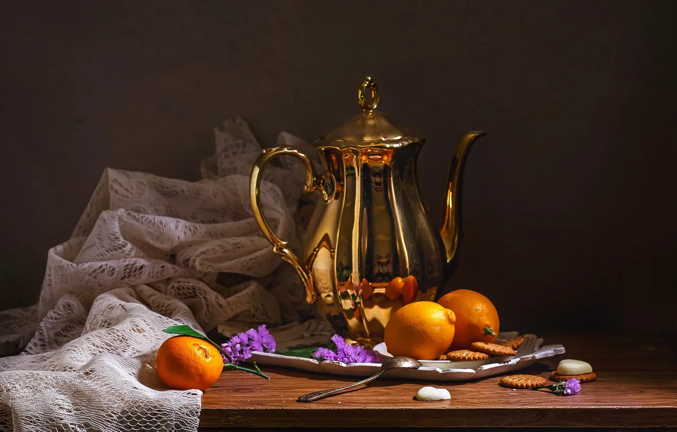 Photo wallpaper lemon, flowers, table, cookies, tulle, gold plated, tray, still life