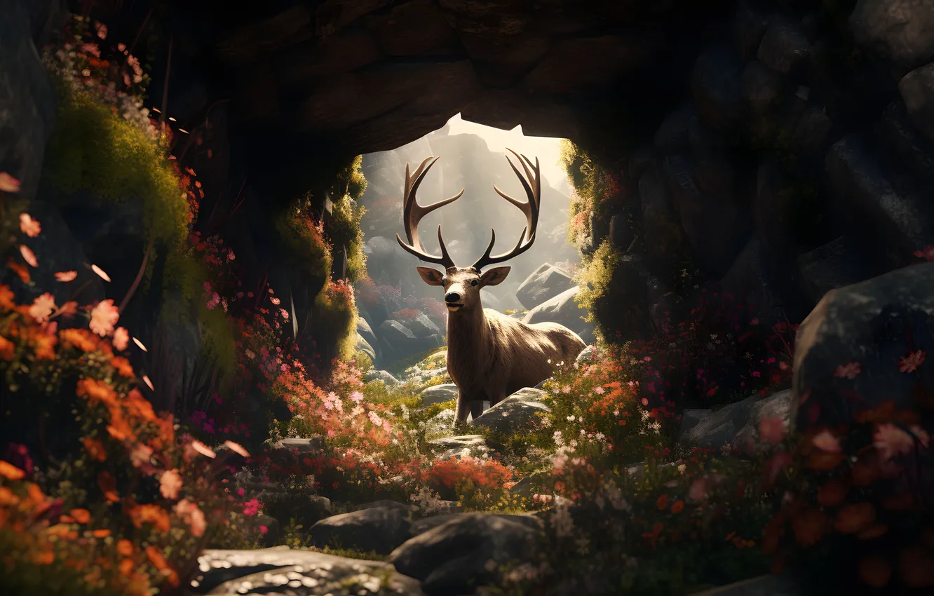 Photo wallpaper stones, deer, horns, cave, digital art, AI art, The Art of Artificial Intelligence, neural network