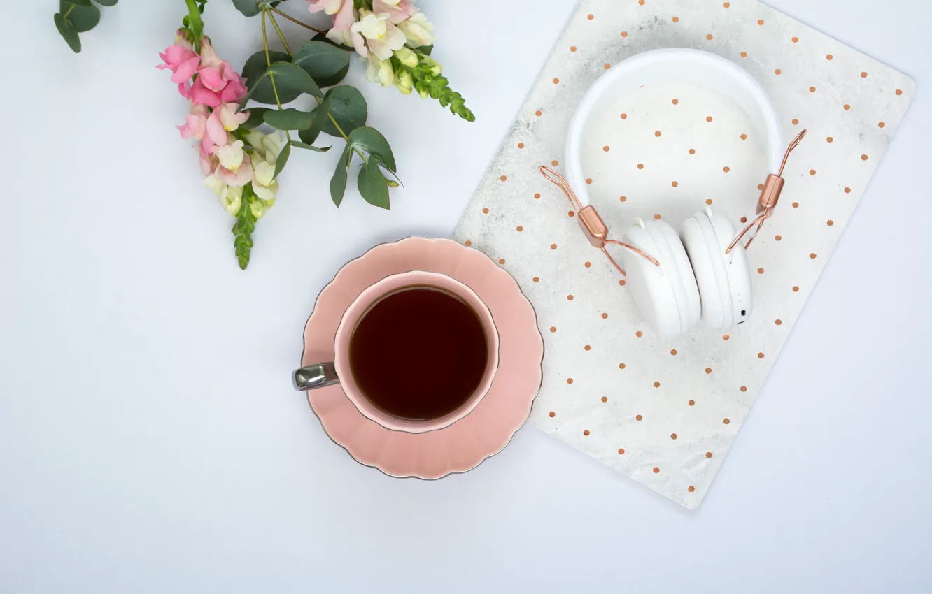 Photo wallpaper flowers, coffee, headphones, Cup, pink, flowers, cup, coffee