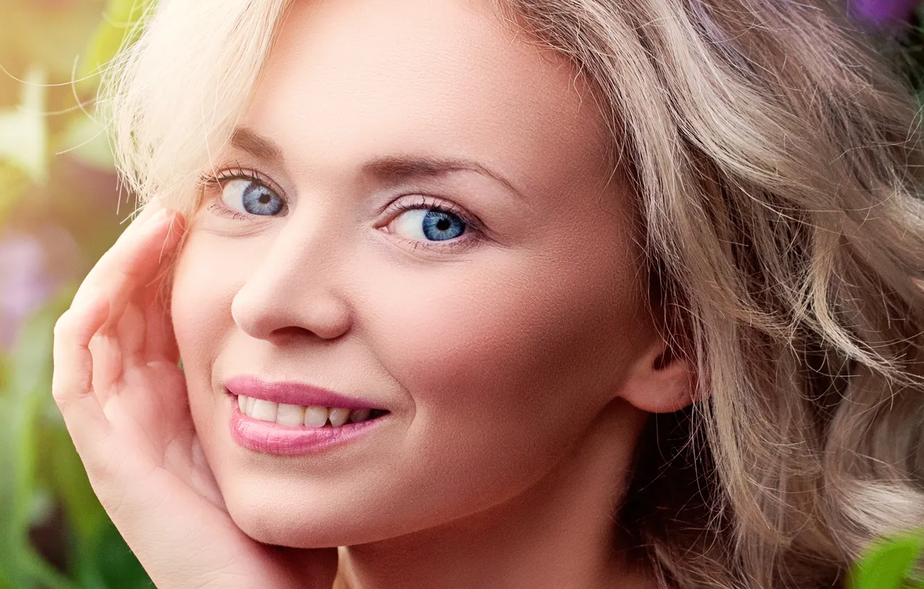Photo wallpaper look, girl, flowers, face, makeup, garden, hairstyle, blonde