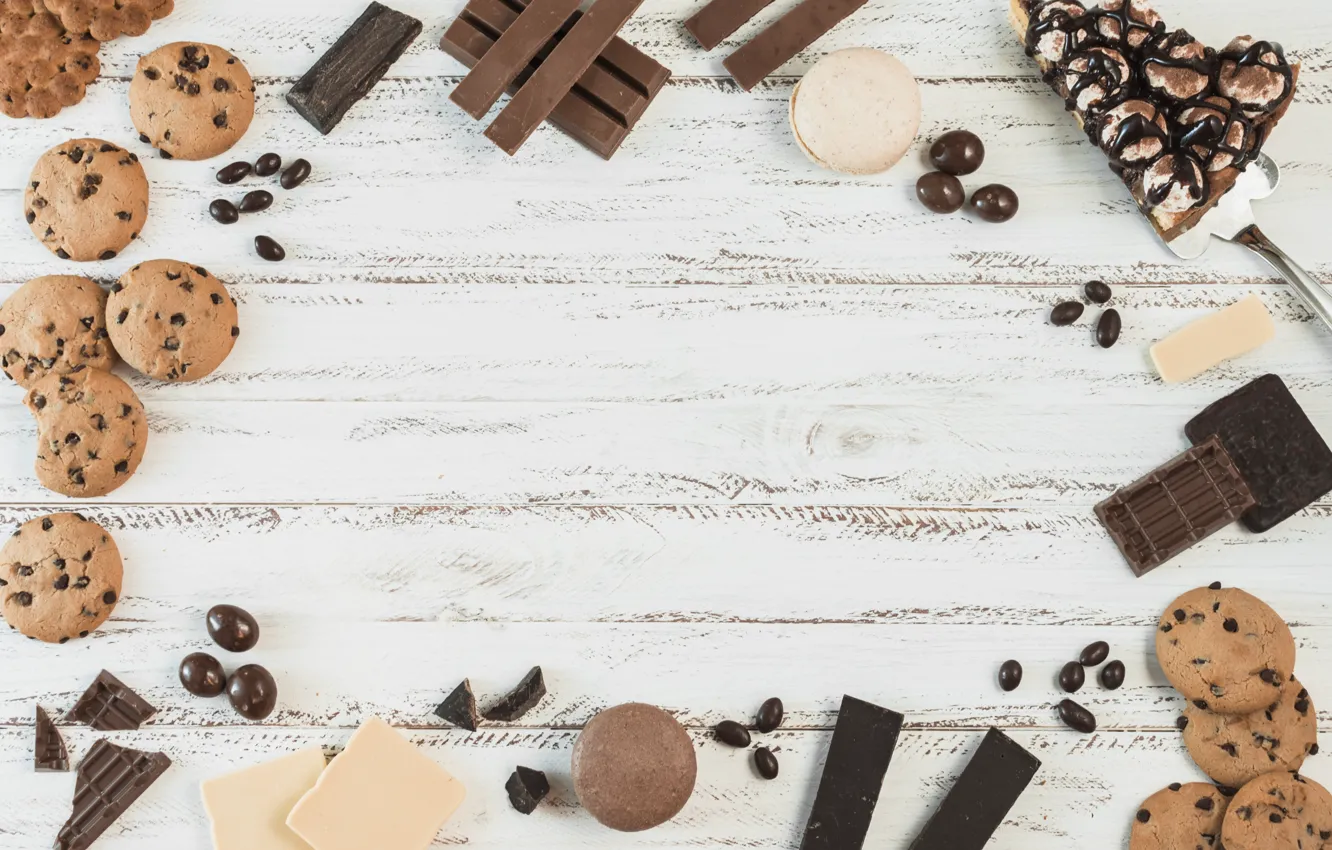 Photo wallpaper white, black, chocolate, cookies, dessert, wood, chocolate, pills