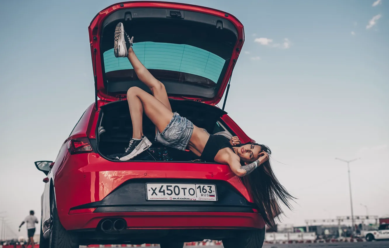 Photo wallpaper machine, auto, girl, pose, feet, shorts, tattoo, the trunk