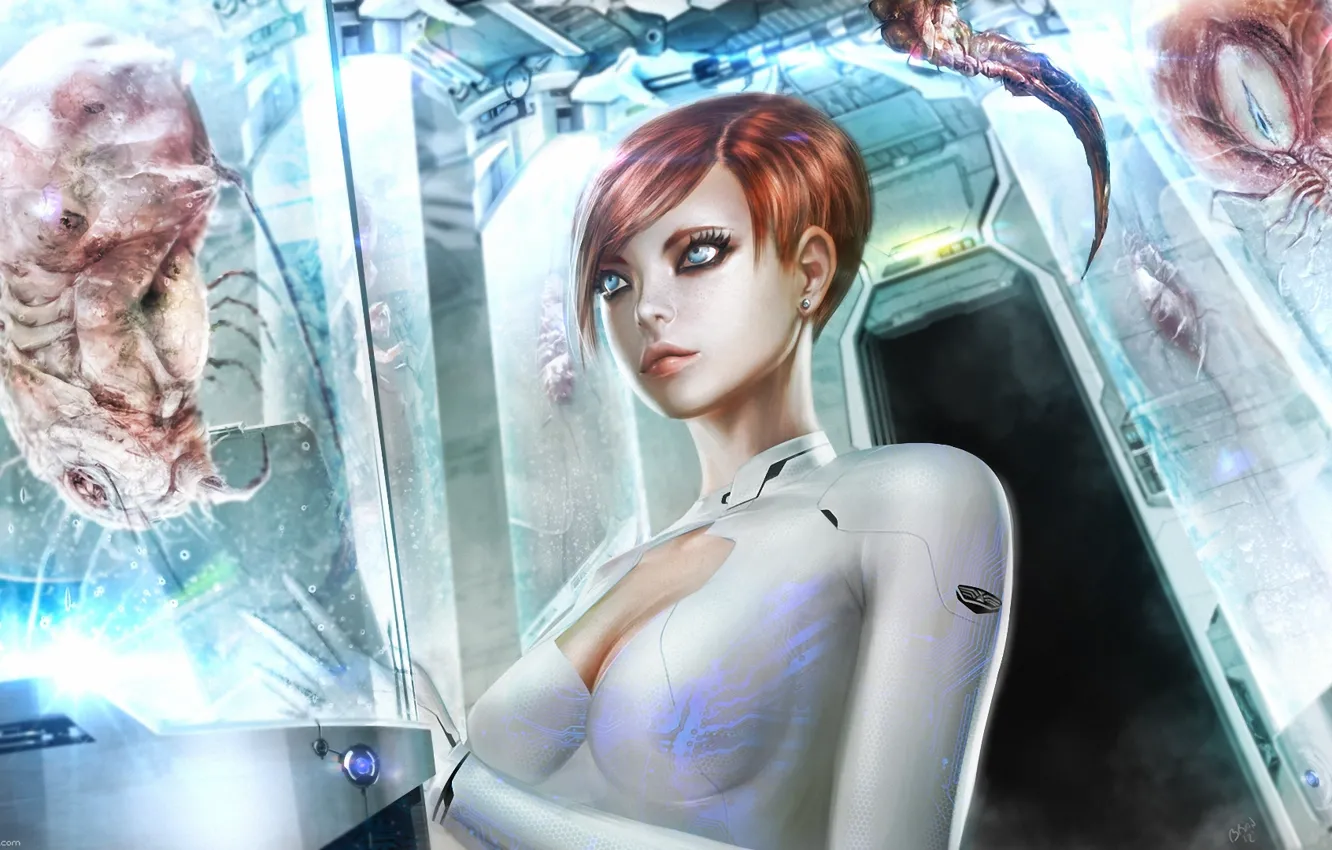 Photo wallpaper girl, monster, art, bulb, laboratory, capacity