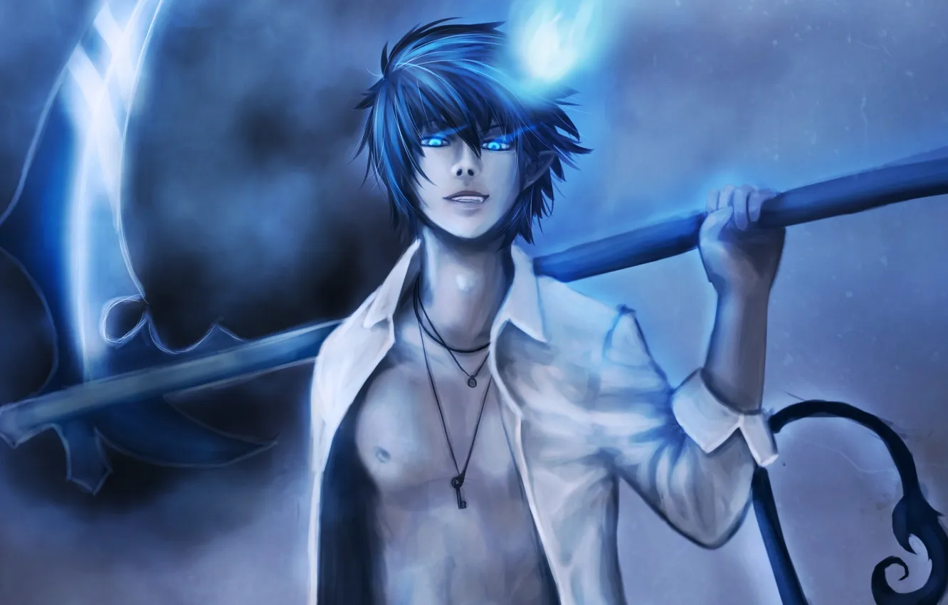 Photo wallpaper weapons, art, tail, braid, shirt, guy, Ao no Exorcist, okumura rin