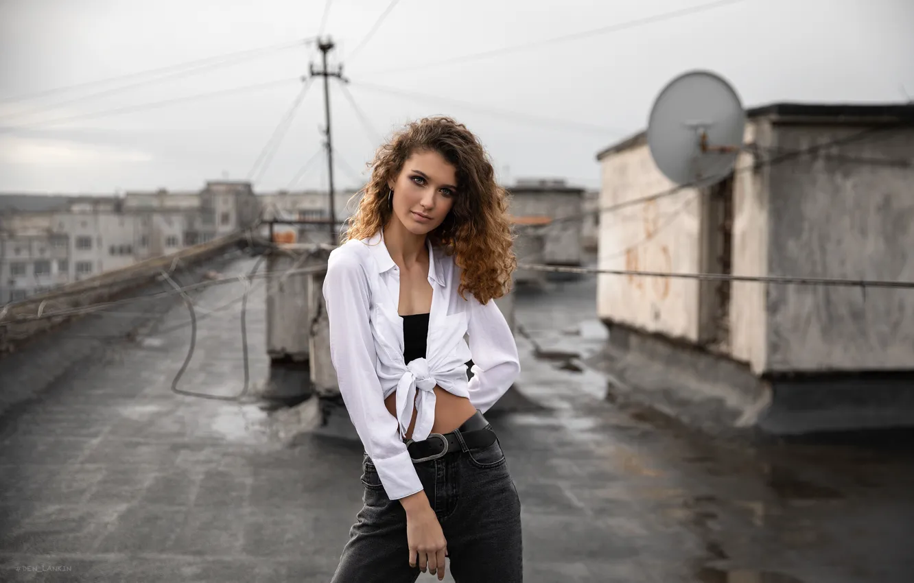 Photo wallpaper look, girl, pose, jeans, blouse, curls, on the roof, Dasha