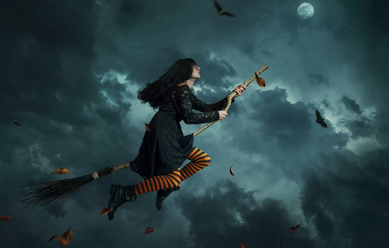 Photo wallpaper girl, flight, witch, broom