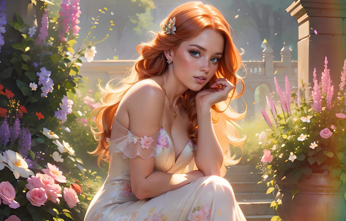 Photo wallpaper girl, dress, nature, beautiful, redhead