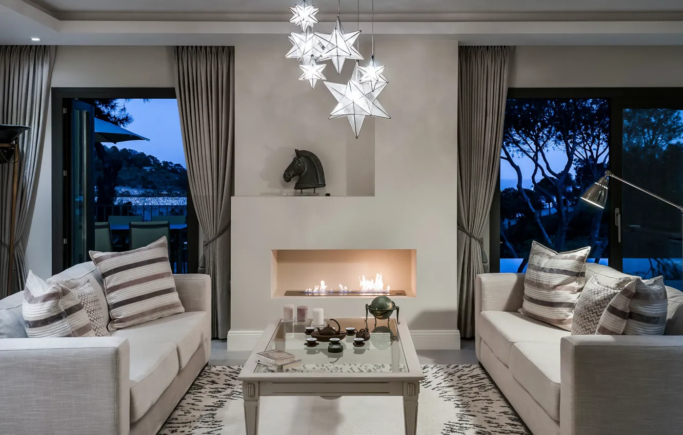 Photo wallpaper design, sofa, the evening, window, chandelier, living room