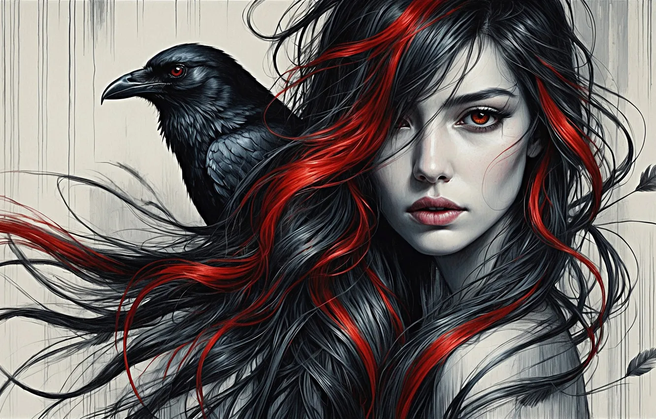 Photo wallpaper look, girl, pose, bird, graphics, portrait, brunette, fantasy